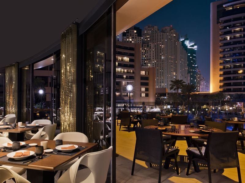 Zengo’s dining terrace overlooking the marina towers